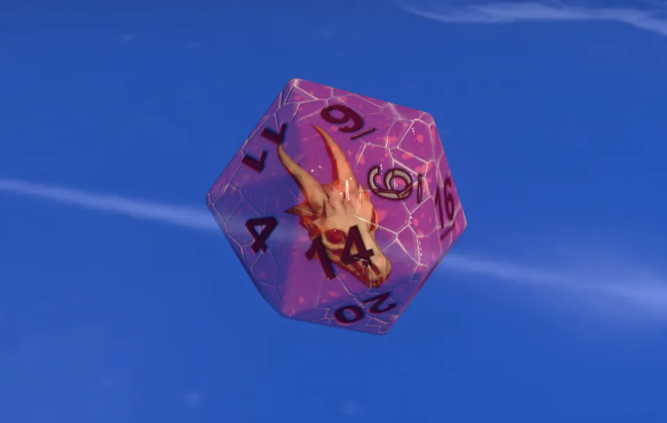 A custom d20 with a dragon skull inside, made with DiceyTable's Die Editor