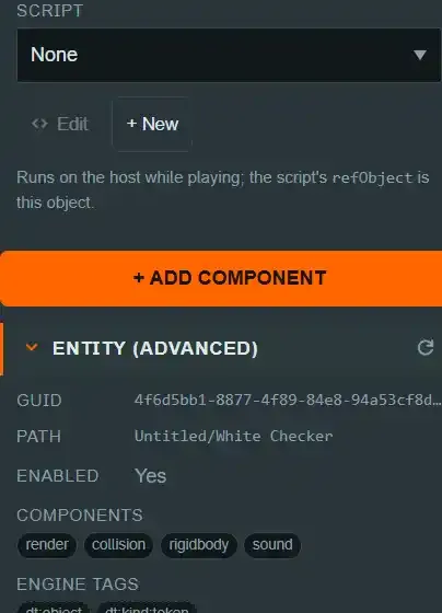 The read-only ENTITY (ADVANCED) section expanded below the ADD COMPONENT button, showing the live entity guid, path, enabled state, engine components, and tags