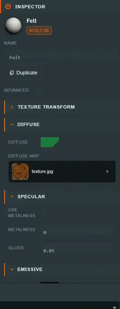 The Material Inspector for the built-in Felt material, showing the NAME/Duplicate row and the ADVANCED, TEXTURE TRANSFORM, DIFFUSE, SPECULAR and EMISSIVE sections