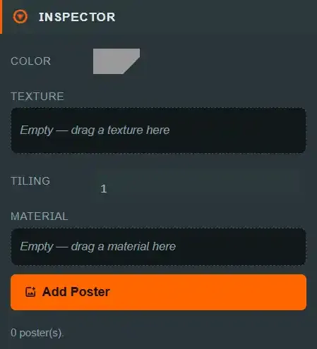 The Inspector for a Wall entity showing the platform-owned COLOR, TEXTURE, TILING, MATERIAL and Add Poster fields