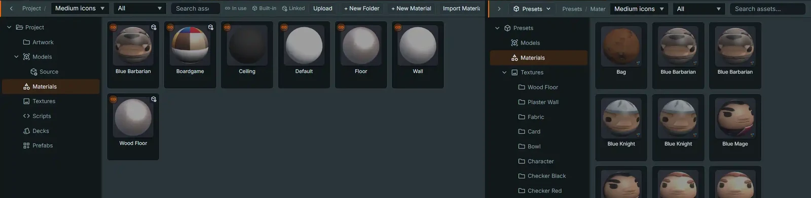 The asset explorer bar with the Project pane on the left showing its folder tree and project items, and the read-only Library pane on the right browsing preset materials with baked thumbnails