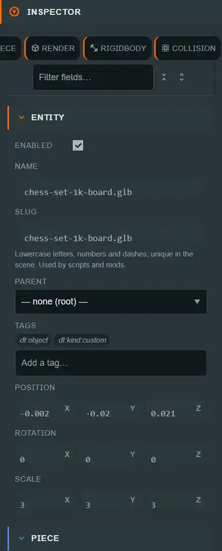 The Inspector column showing the ENTITY and PIECE sections for a selected custom piece