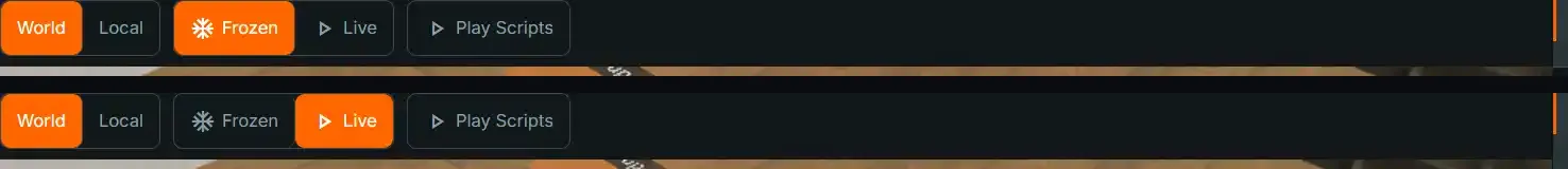 The viewport toolbar with Frozen active on top and Live active on the bottom, showing the two physics-simulation states