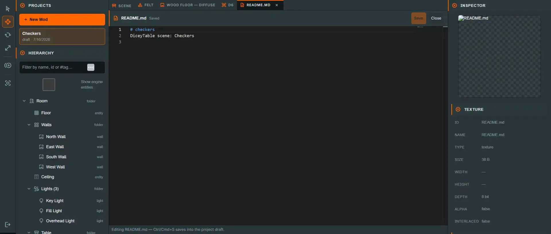 The plain-text Monaco editor open on README.md, with the tab strip showing multiple open item-editor tabs above it