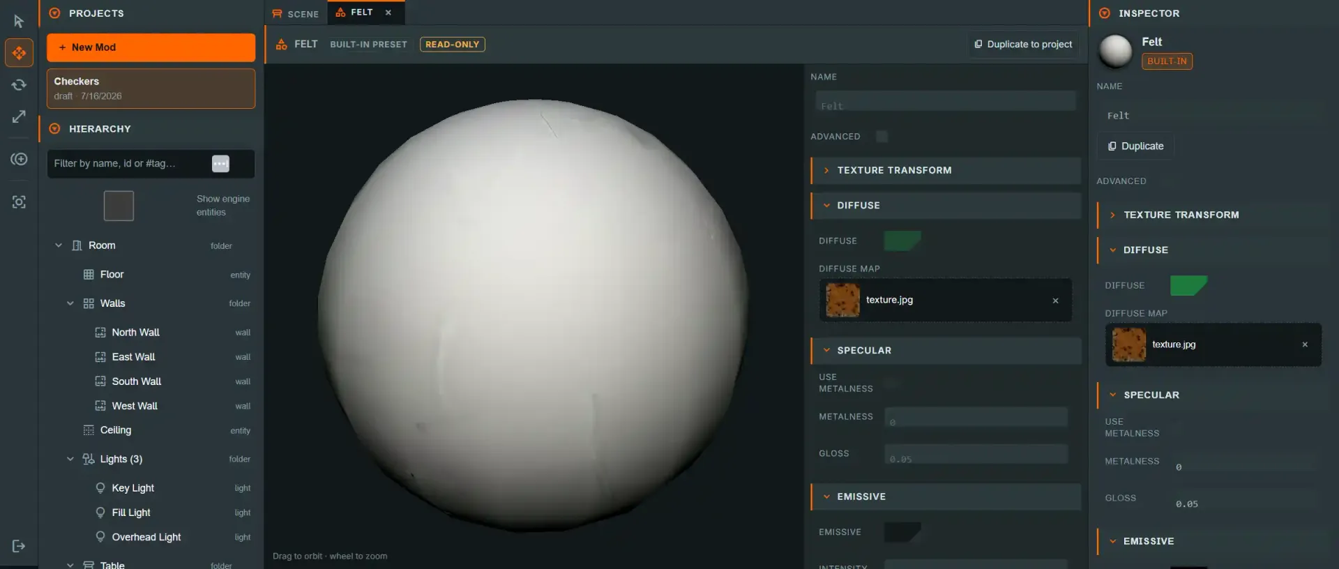 The Material editor tab showing a live sphere preview of the built-in Felt material next to its DIFFUSE, SPECULAR and EMISSIVE sections