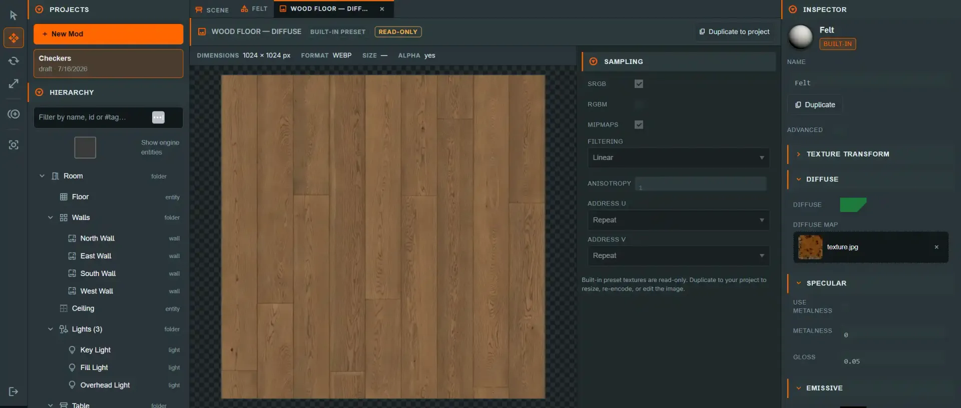 The Texture editor tab showing a Wood Floor diffuse map preview with dimensions/format/alpha metadata and the SAMPLING panel (sRGB, mipmaps, filtering, address U/V)