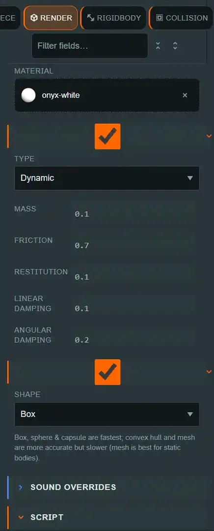 The RENDER section MATERIAL box showing an assigned project material chip named onyx-white
