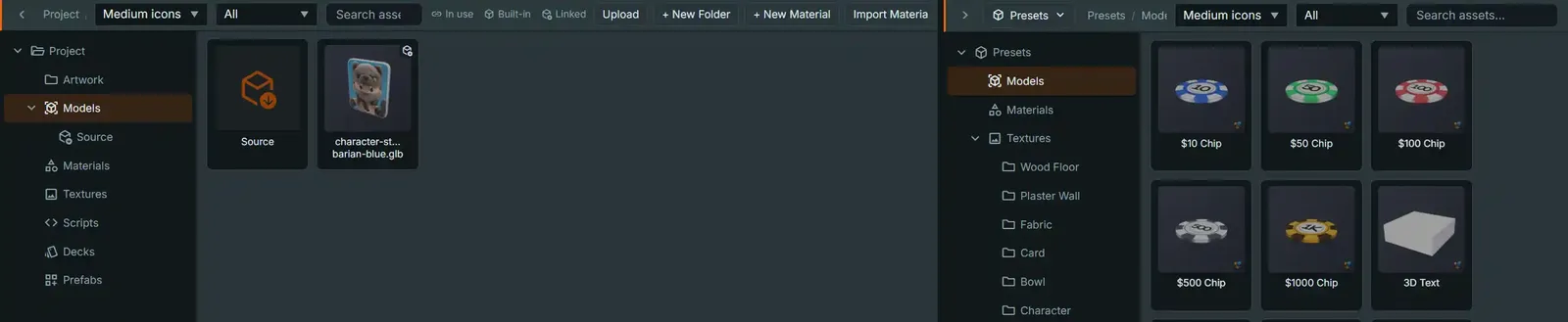 The two-pane asset explorer: the Project pane open on its Models folder, showing the Source sub-folder and a project model, beside the read-only Library pane open on Presets › Models, showing built-in model tiles such as the poker chips with baked thumbnails
