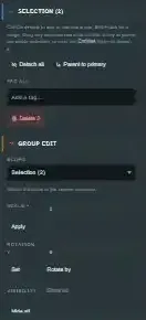 The SELECTION (2) panel in the Inspector with Detach all, Parent to primary and Delete 2 buttons, and the GROUP EDIT panel scoped to the selection