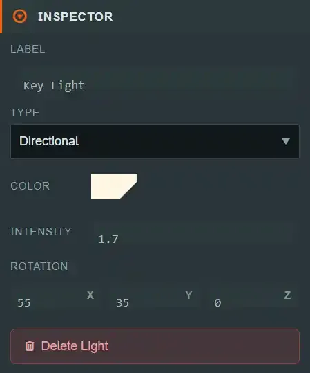 The Inspector for a light entity showing its LABEL, TYPE (Directional), COLOR, INTENSITY and ROTATION fields
