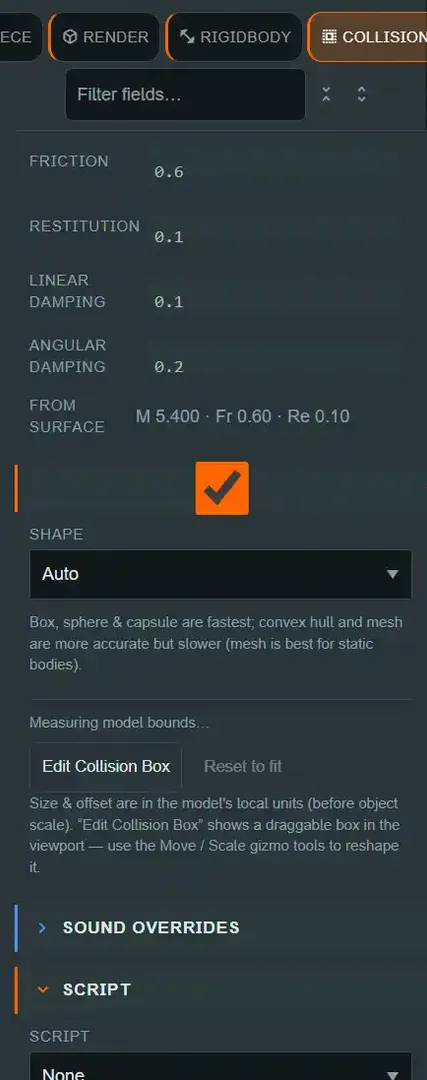 The SCRIPT section on an object showing the script picker set to None, with Edit and + New controls