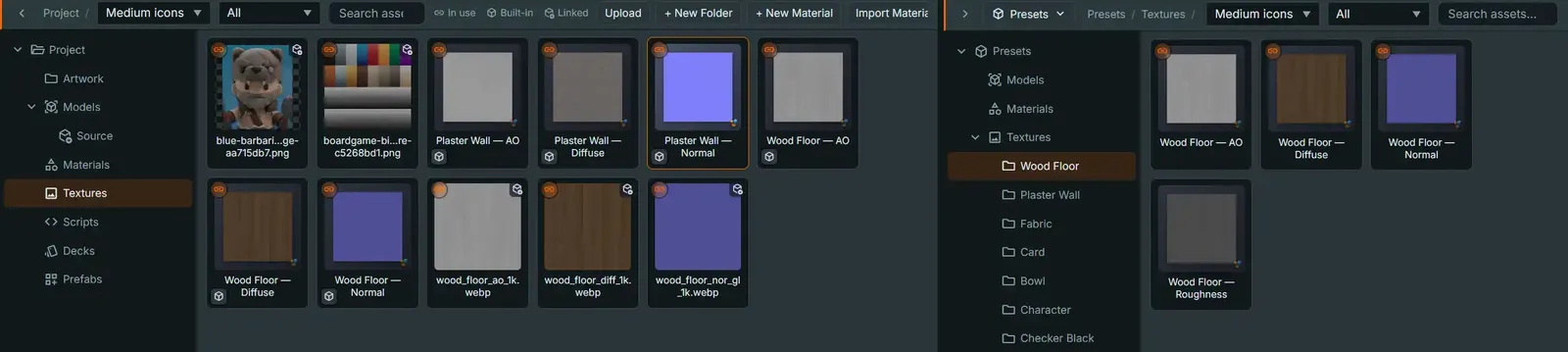 The two-pane asset explorer: the Project pane open on its Textures folder, showing the project's own texture files (including linked copies of the Wood Floor maps, marked with the Linked badge), beside the read-only Library pane open on Presets › Textures › Wood Floor, showing the built-in AO, diffuse, normal and roughness maps with baked thumbnails