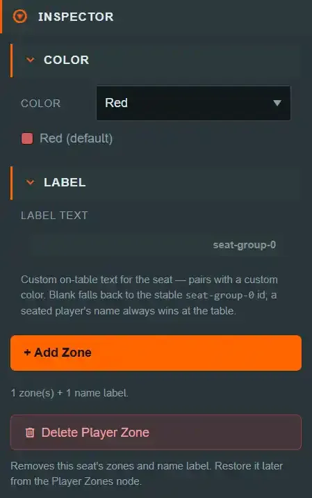 The Inspector for a Player Zone showing its COLOR dropdown set to Red and a LABEL text field