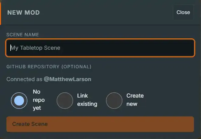 The New Mod dialog with a Scene name field and GitHub repository options (No repo yet / Link existing / Create new)