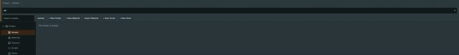 The editor asset browser toolbar with Upload, New Folder, New Material, Import Material, New Script and New Deck actions, and Models, Materials, Textures, Scripts and Decks folders