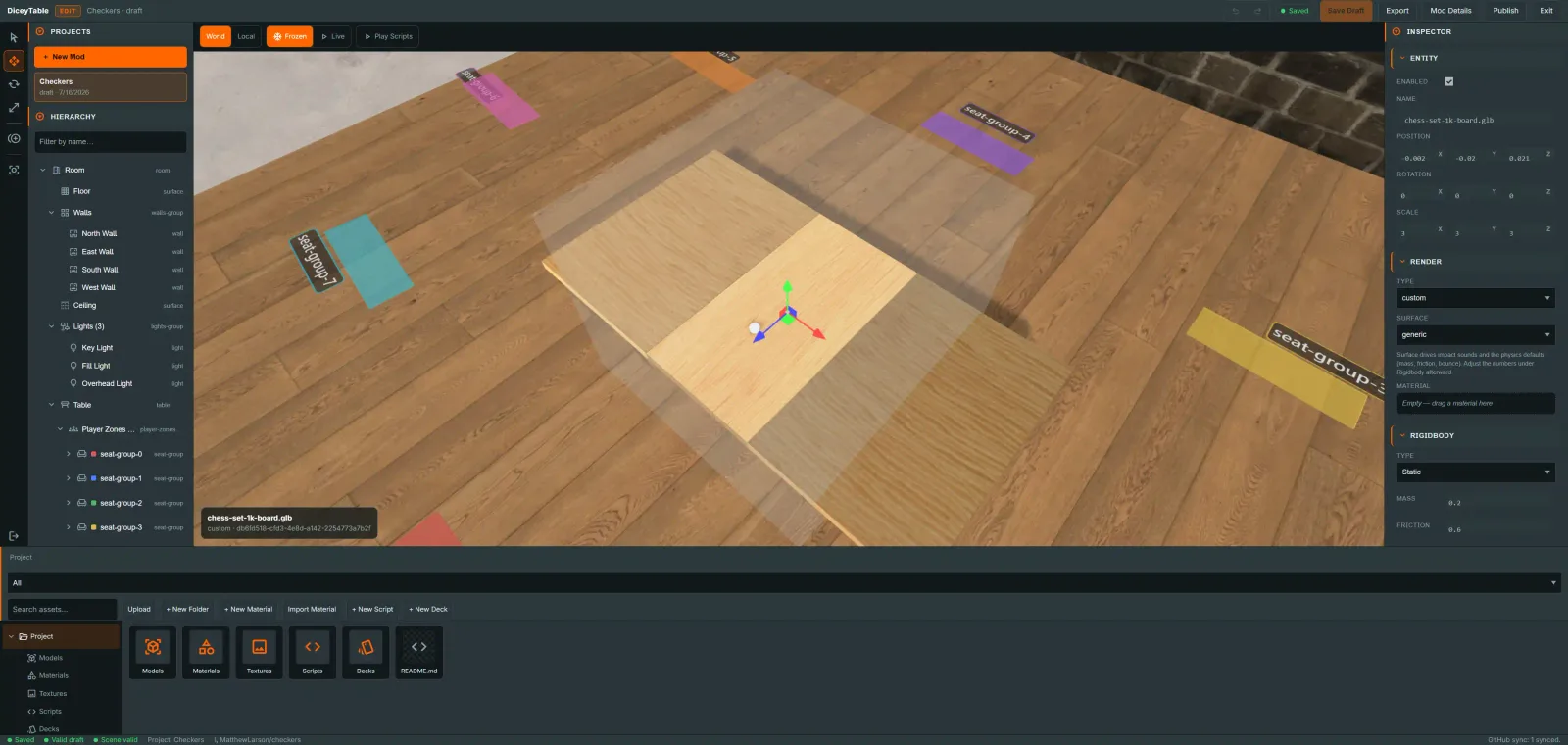 The DiceyTable editor: projects and hierarchy panel on the left, 3D viewport with a transform gizmo in the centre, component inspector on the right and the asset browser along the bottom