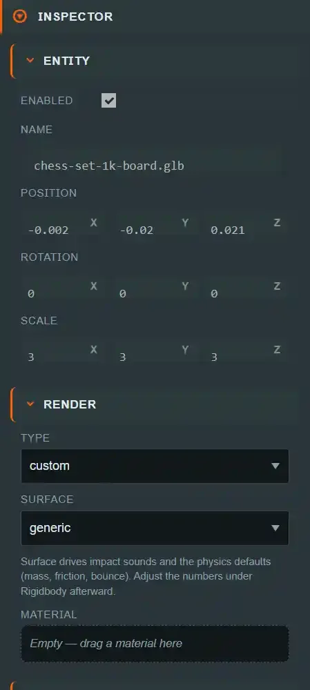 The editor inspector panel with Entity, Render and Rigidbody sections expanded