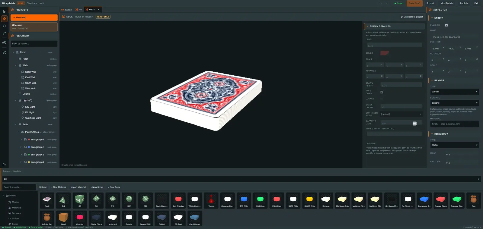 A model open in the editor's model tab, with an interactive 3D preview, its spawn defaults, and the optimisation panel beside it