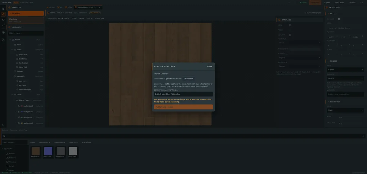 The editor's Publish to GitHub dialog showing the connected GitHub account, the linked repository, a commit message field, and a Publish button that promotes the working branch to main