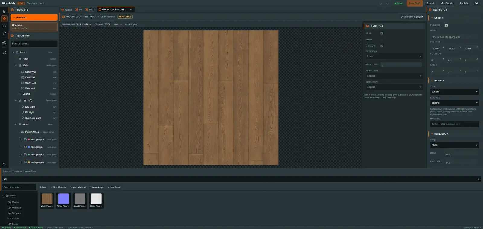 A texture open in the editor showing its dimensions and format alongside the sampling panel with sRGB, mipmap, filtering, anisotropy and address-mode controls