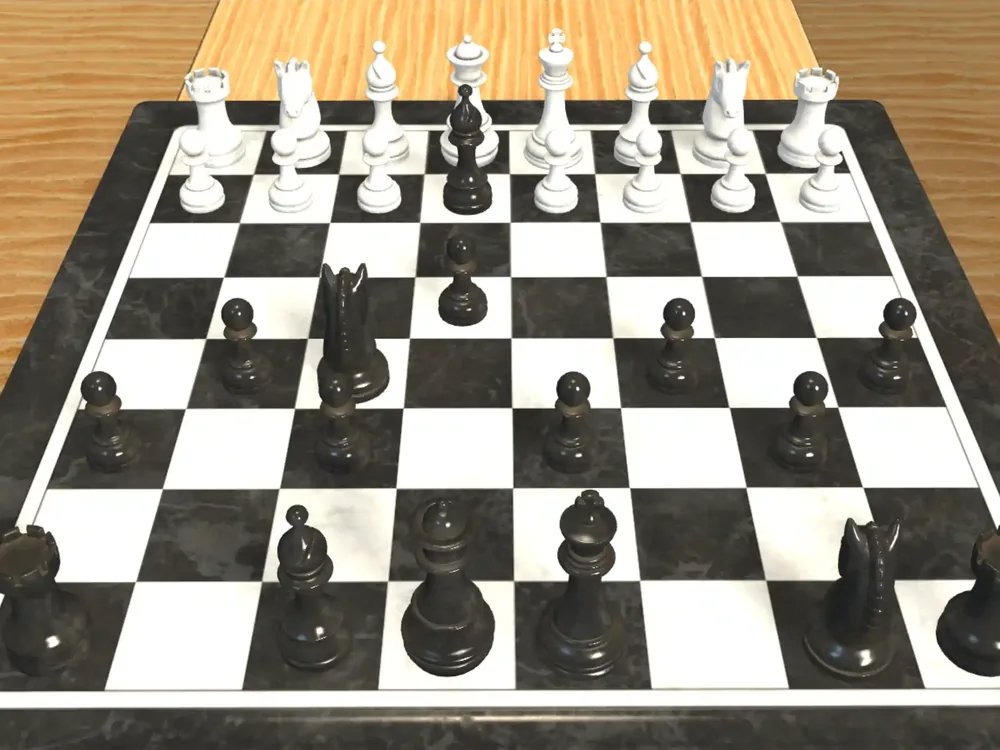 Close-up of a marble chess board with rendered pieces resting on a wooden table