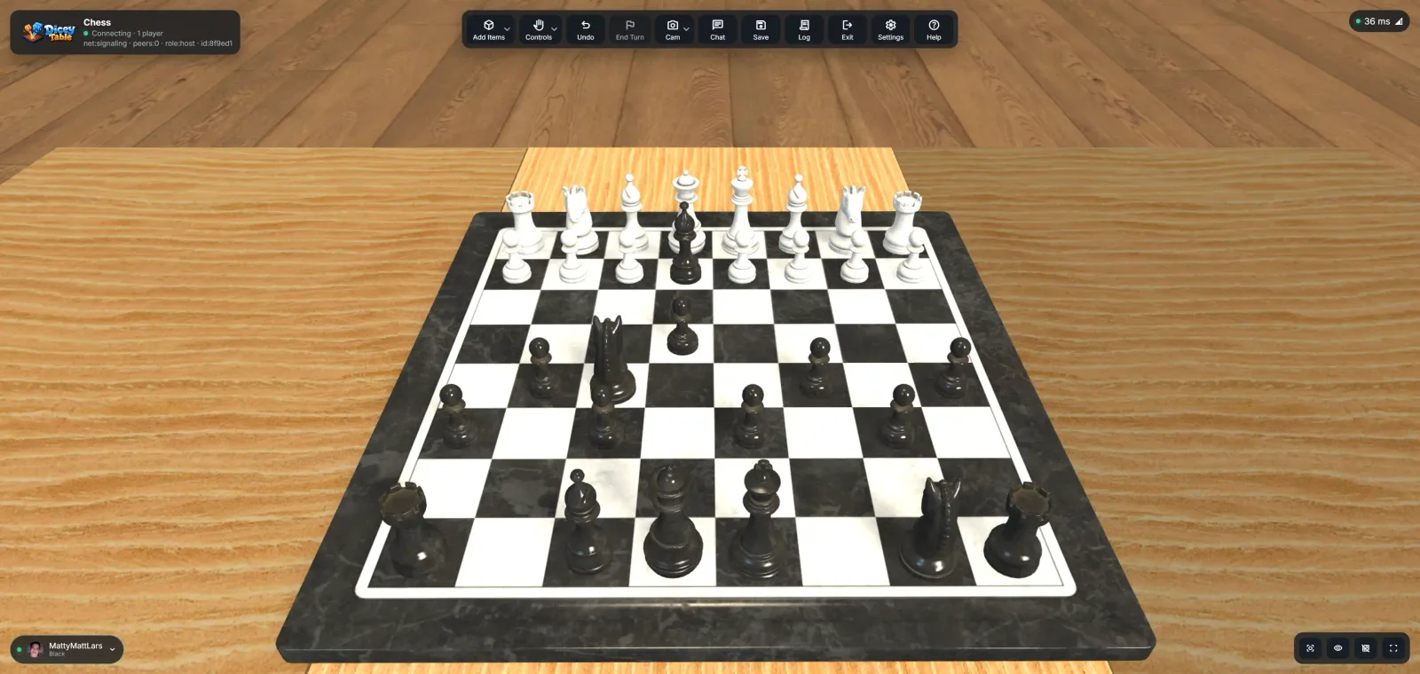 A game of chess in progress on the DiceyTable table, with the in-game toolbar across the top and the player's seat shown bottom-left